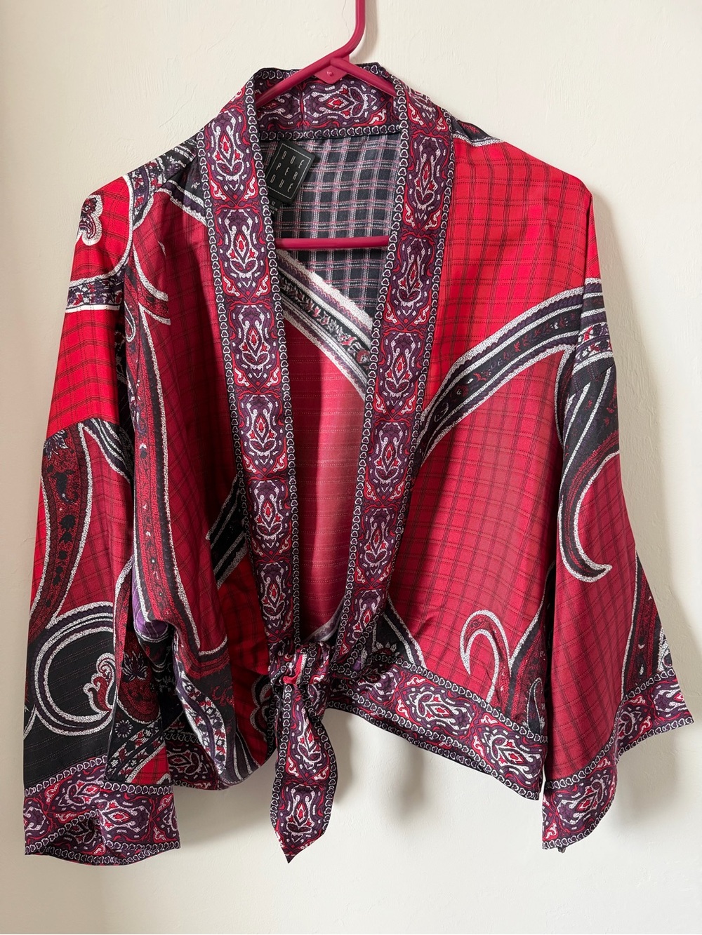 100% Silk Red Paisley Butterfly Sleeve Tie-Front Kimono Top